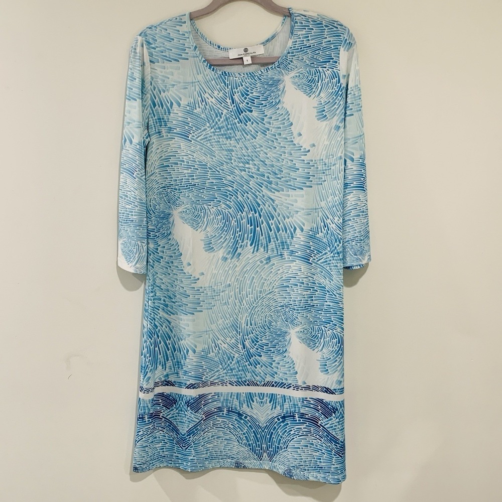Jean Pierre Klifa Shift Dress Size Large Blue White Watercolor Cruise Coastal
